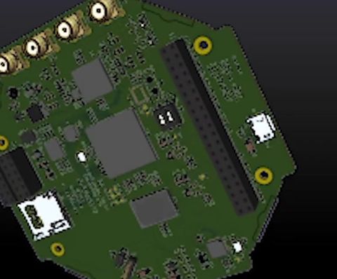 Render of the octagonal CubeSat compute board carrying the PYNQ-Z2 FPGA, with SMA connectors and expansion headers