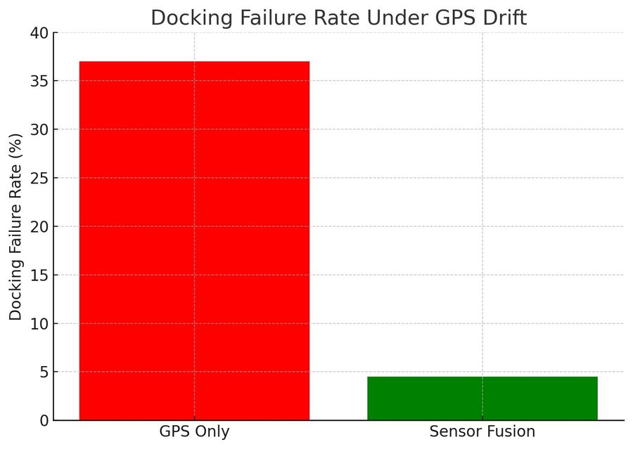 GPS-only tracking failed 37% of dockings; sensor fusion nearly eliminated it