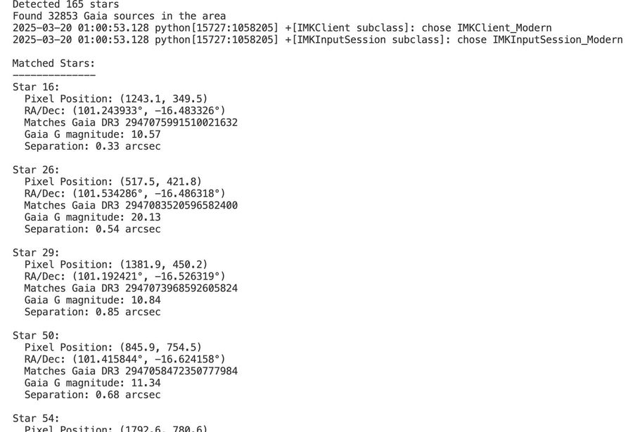 Real plate-solver output: stars matched and catalogued from a captured frame