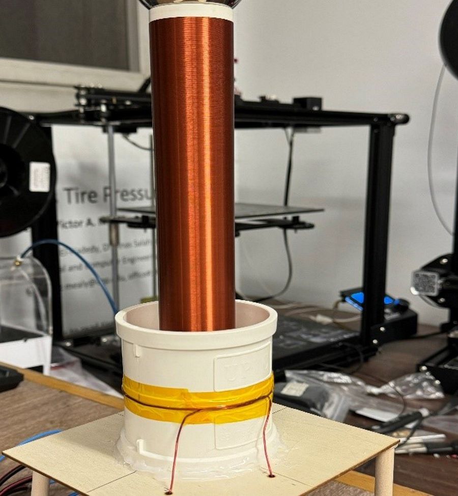The secondary coil, hand-wound for the resonant transfer stage