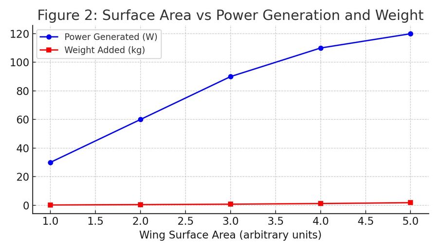 Trade-off between wing area, power generated and added mass