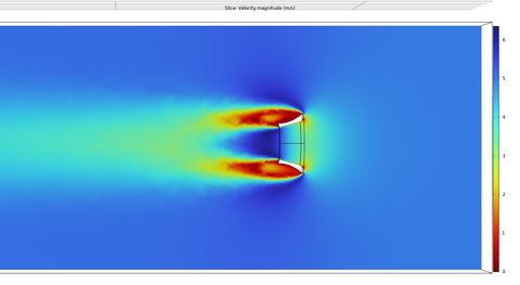 Computational airflow velocity field through the collector-emitter stages of the thruster