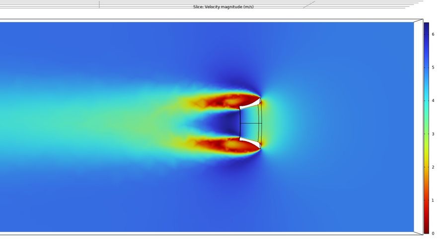 Computational airflow velocity field through the collector-emitter stages of the thruster